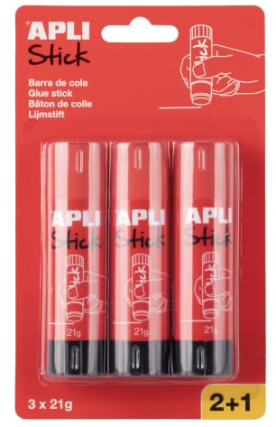 APLI 20457 - Pack 2+1 Barras de Cola 21 g | Adhesivo Libre de Solventes y No Tóxico con Secado Instantáneo y Pegado Limpio.