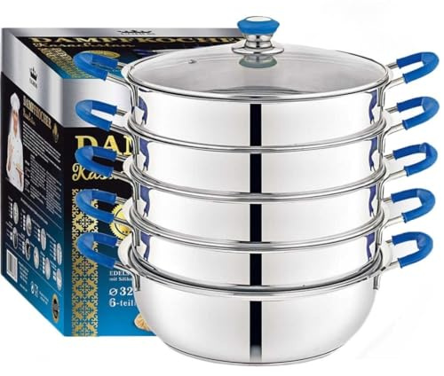 Dampfkocher Kasachstan Edelstahl 6-teilig – Mantykocher - Asia Serie – Hochwertiger Dampfgarer für alle Herdarten (Induktion, Gas, Elektro) – Spülmaschinengeeignet (32 cm)