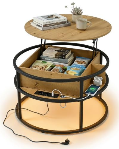 Ginhow Tavolino Salotto Rotondo 80cm con Prese e USB, Tavolino Rialzabile con Luci LED e Cassetto, Tavolo da Salotto Trasformabile per Soggiorno Camera Ufficio
