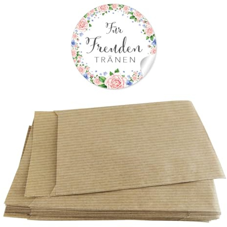 Set Groß Freuden Tränen Taschentücher zur Hochzeit 48 Sticker KRANZ ROSEN HORTENSIEN ROSA BLAU + 48 braune Flachbeutel Kraftpapier 63 x 93 mm für Freudentränen Taschentuch Verpackungen