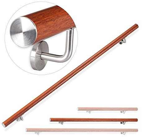 Relaxdays Handlauf Aluminium, rund, Treppengeländer innen, außen, Eiche-Optik, 150 cm, Ø 42mm, mit Wandhalterung, braun