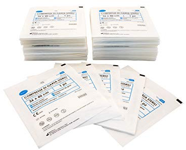 DEALFA Compresse di Garza Sterili - 36x40 cm - 100% Puro Cotone - per Medicazione, Cura e Pulizia Ferite - Monouso - Busta Singola da 1 Pezzo - Confezione da 100 Buste