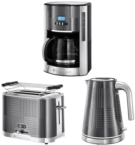 Russell Hobbs Tostadora Geo Steel 2 Ranuras, Acero Inoxidable, Gris 25250-56 + Hervidor de Agua Eléctrico Geo Steel 1,7 litros 25240-70 + Cafetera de Goteo Geo Steel 25270-56