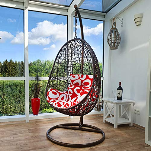 Kideo® Hängesessel inkl. Gestell + Kissen, Lounge-Möbel, Polyrattan, Swing Chair, Rattanmöbel, Lounge (braun/rot-weiß)