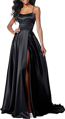 Lecureler Long Satin Spaghetti Strap Prom Dress