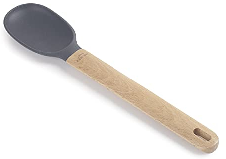 LACOR 68185 - Cucchiaio Liscio in Silicone Unite, mestolo da Portata, Manico in Legno di faggio, Non danneggia la Padella, Resistente alle Alte Temperature, Privo di BPA, 32 x 6,7 x 10 cm, Grigio