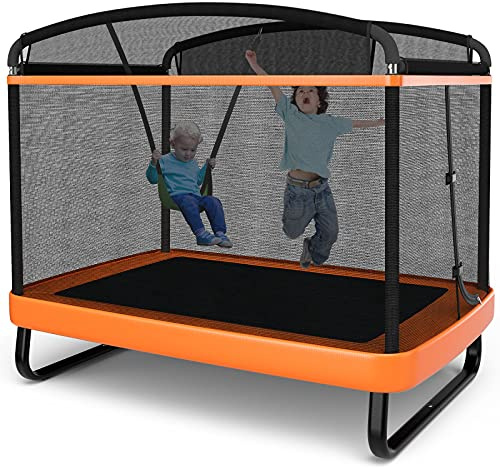 Giantex 6 Ft Kids Trampoline with Swing, Max Load 220lbs, Indoor Small Trampolines for 2 Kids, with Safety Enclosure Net, Built-in Zipper, ASTM Approved Toddler Rectangle Trampoline for 3-8 Year Old