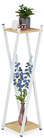 Relaxdays Blumenständer, 2 Etagen in Holzoptik, Metall, MDF, moderner Blumenhocker, HBT: 99 x 29 x 29 cm, weiß/Hellbraun
