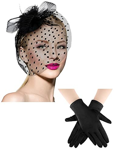 SATINIOR 50er Jahre Fascinators für Damen, Beerdigungsschleier, Hut und Handschuhe, Pillbox, Cocktailhut, Mehrfarbig, Schwarz, Einheitsgröße