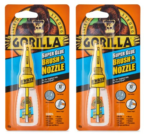 Gorilla Super Glue 2-in-1 Brush & Nozzle, 12g (2 Pack) – All Purpose, Fast Setting, Dual Application with Anti-Clog Cap | Ideal for Metal, Ceramics, Leather & More