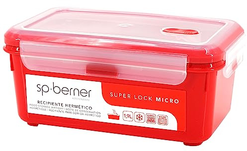 SP Berner Hermético SUPER LOCK MICRO 1,9 L., apto para cocinar al vapor en el microondas, ideal transporte y almacenamiento de alimentos, cierre clip, válvula y anillos de silicona
