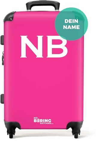NoBoringSuitcases© Koffer personalisiert, | 67x43x25 cm - Hartschalenkoffer, Koffer Hartschale Mittelgroß - Koffer Groß mit 4 Rollen - Rosa mit weißen Beschriftung