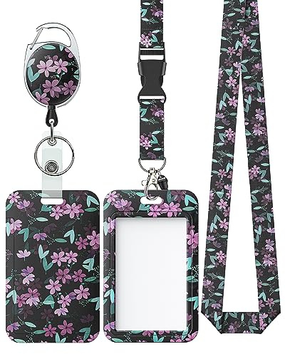 Uniclife Ausweishalter mit Blumenmotiv, Rosa Blume, Kunststoff mit einziehbarem Karabinerhaken und abnehmbarem Umhängeband