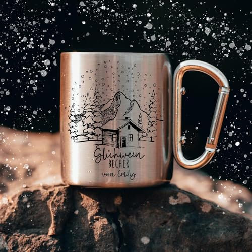Campingbecher Edelstahl mit Karabiner Tasse Becher Glühweintasse Glühweinbecher Wunschname Berge Berghütte Motiv Geschenk Weihnachten Winter ts2142 cb025 - ausgewählte Größe: *Edelstahlbecher*