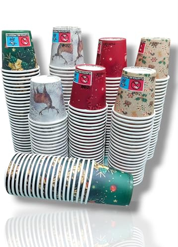 Terryshop74 Kit complet 200 gobelets en papier à café 66 ml bio compatibles en papier tenue parfaite écologiques, biodégradables, jetables, petites boissons chaudes (200 verres de Noël)