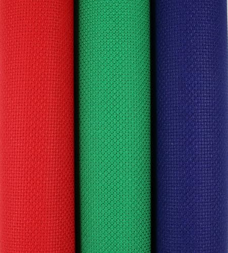 KCS 3 pc of 15 x 18(38cmx45cm) Counted Cross Stitch Cotton Aida Cloth Needlework Rolled Fabric Box,14CT,Red+Green+Royal Blue