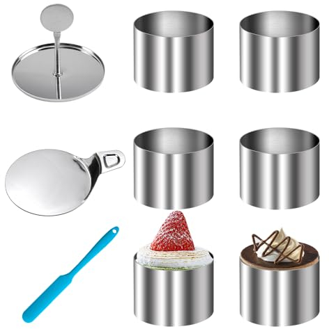 HEKOBAG 6 Anillos de Mousse de Acero Inoxidable 7,5CM, Anillos de Postre con Prensador, Anillos Pequeños para Tartas, Redonda Aros para Postre, Pastel Molde Mousse de Acero Inoxidable para Postres