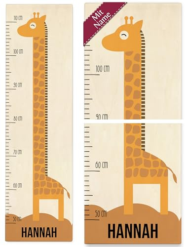 Messlatte Kind Holz - Kindermesslatte Giraffe mit langem Hals und Name I Giraffenmotiv I Niedliche Giraffe I Süße Giraffen - 50-110 cm - Holz - kinder größe giraffen-messlatte girafe