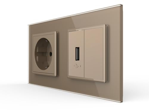 Livolo Steckdose + USB Dose zum Aufladen Einbausteckdose Schutzkontakt Wandmontage Unterputz Einbau Schuko Buchse Stecker Doppelsteckdose im Glasrahmen Gold VL-1USB-C1EU-13