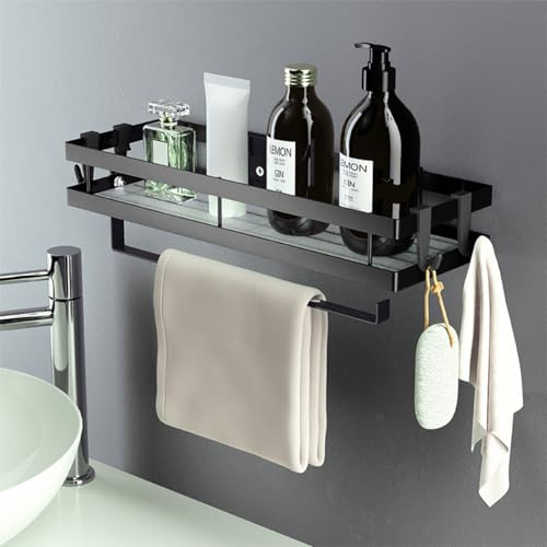 Oungy Gewürzregal Wand mit Küchenrollenhalter und 4 Haken 35cm Gewürzregal Ohne Bohren Küchenrollenhalter Schwarz Küchen Organizer Küchenregal Hängend für Küche, Bad, Kommode und Mehr