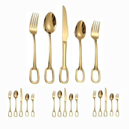 Cuisine Circulaire Trou De Suspension Poignée En Acier Inoxydable Argenterie Vaisselle Couverts Ensemble De Couverts Couteau À Steak Fourchette Cuillère Cuillère À Café (Or,20 pièces)
