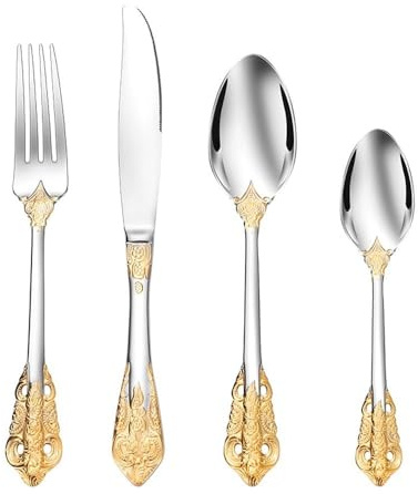 Vintage Embossed Gold Flower Kitchen Stainless Steel Silverware Tableware Flatware Cutlery Set Steak Knife Fork Spoon Teaspoon Dessert Fork Children and Baby Products (Gold Silver,4 Pieces)