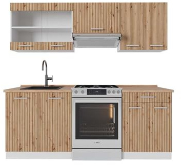 Vicco Küchenzeile R-Line, Artisan Eiche/Weiß, 200 cm | 5 Module · Höhenverstellbare Füße · AP Eiche inkl. · Robuste Fronten · Mit Glasschrank · Frei kombinierbar