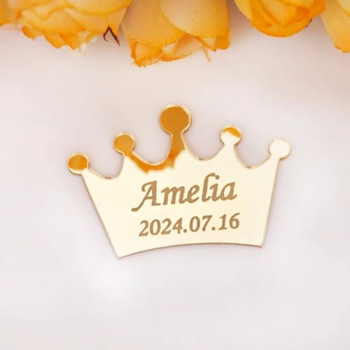 PGORSDOR Acryl-Spiegel-Kronen-Aufkleber, personalisierbar, Acryl, Geburtstagskonzept mit Namen, Taufe, Babyparty, Geburtstag, Partygeschenke (3 cm), 10 Stück