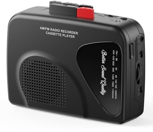 Walkmaner Cassette Player/Recorder, Am/FM Radio, Portable Cassette Player, Cassette Recording, Built-in Speakers, Manual Recording, T201 (Black)