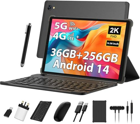 LINROM 2K Tablet 10.4 Inch, 4G LTE+5G WiFi, 36GB RAM+256GB ROM (2TB TF), Android 14, Octa-Core, 2000 * 1200, 8000mAh, 13MP+8MP, GPS, Tablet with keyboard ect (Black)