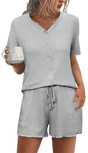 Demegimi Pigiama da Donna Cotone Estivo Corti Set Pigiama con Bottoni Donna Pigiami con Scollo a V Casual da Casa Morbido e Confortevole