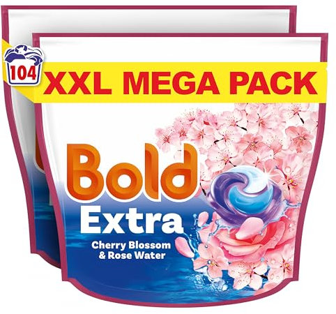 Bold EXTRA PODS® Washing Liquid Laundry Detergent Capsules 104 Washes (52 x 2), Cherry Blossom & Rose Water, Extra Stain And Odour Removal, With Built-In Lenor Softener
