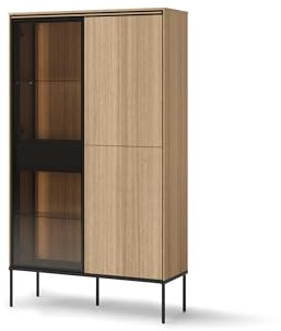 MINIO go for it - Vitrine VIGO, 91 cm Breit, mit LED Beleuchtung, Glas Vitrinenschrank, Wohnzimmer, Glasvitrine Stehend, Display Case, Vitrinenschränke, Highboard, Farbe: Eiche Linear/Schwarz