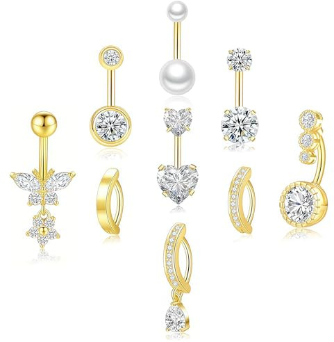 AstraGlam 9PCS 14G Bauchnabelpiercing Gold/Chirurgenstahl Set Für Frauen Clicker & CZ Navel Schmuck mit Perle & Opal