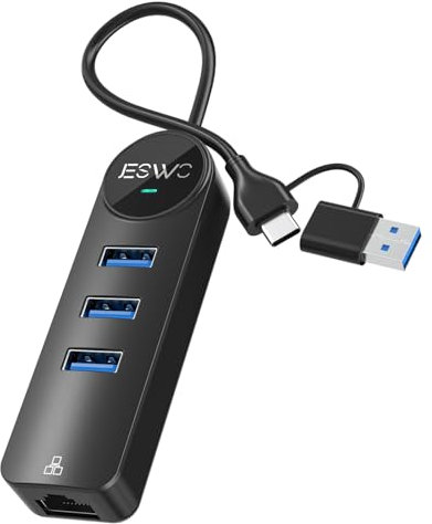 JESWO USB A/C to Ethernet Adapter, 4-in-2 USB C Hub with 1000Mbps Gigabit Ethernet +3 USB 3.0 Ports, RJ45 LAN Network Adapter for Mac OS, Chrome OS, iPad OS, Windows, etc