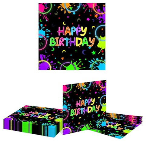 Kotkiddy 20 Serviettes de fête néon avec Motifs de Gouttes Multicolores et Message Joyeux Anniversaire 2 Plis 33 cm idéales pour fêtes d'anniversaire décoration de Table Serviettes jetables