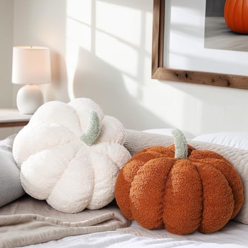 Générique Lot de 2 Decoration Automne Coussin Citrouille Peluche, Décoratif Coussin Oreiller Forme de Citrouille Deco Automne Interieur pour Canapé en Velours Teddy (Blanc + Marron)