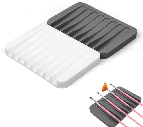 Penitue 2stk Pinselhalter Malen, Silikon Waschbar Pinsel-Organizer-Ständer mit 8 Schlitzen Pinselspülreiniger für Öl Acryl und Aquarellmalerei (Grau, Weiß)