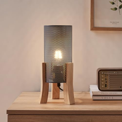 lux.pro Nachttischlampe Joelleldsvin Tischlampe Leselampe mit Kabel Lampenschirm in Mesh-Optik Metall Holz 30 x 14 x 14 cm Grau