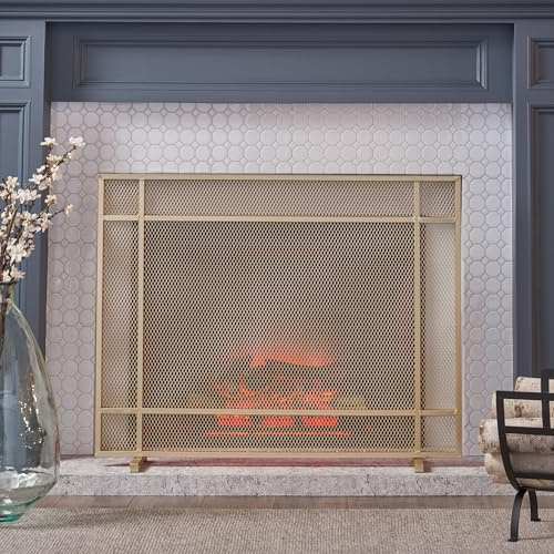 Modern Fireplace Screen with Fine Mesh, Single Iron Panel Spark Guard Cover, Fire Protection Screen for Living Room Apartment, Indoor Use and Decoration, 41 W x 31.75 H, Golden