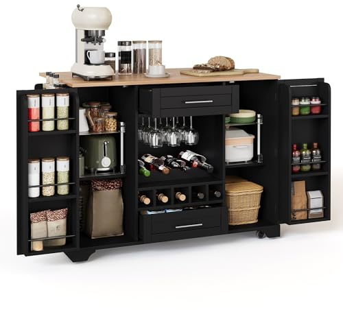 Gxffipw Kücheninsel Küchenschrank mit Klappbare Arbeitsplatte und Weinregal, Buffetschrank Küchenwagen mit Rollen und Handtuchhalter, Küchenbuffet, Küchenmöbel, Schrank Schwarz, 138x45-70x92 cm
