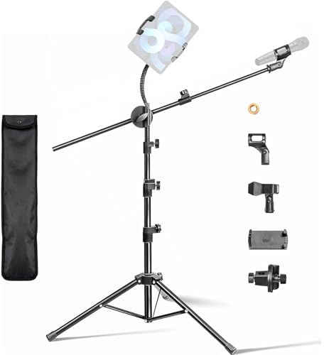 Yazoni Mic Stand, 2 in 1 Microphone Stand Floor, 88 to 158cm Pad Microphone Dual-Use Mic Holder Hidden Line Design Boom Arm Dual-Use Mic Holder with Gooseneck Carrying Bag for Singing Stage Broadcast