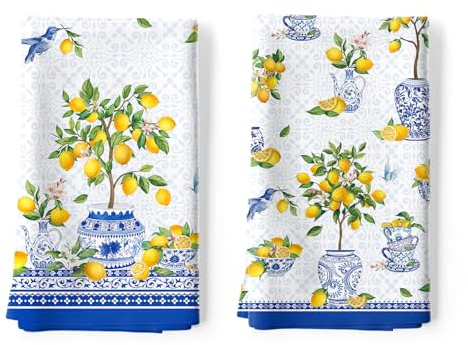 Arquiel citron kökshanddukar 100 % bomull snabbtorkande chinoiserie sommar kökshanddukar, 45 x 60 cm absorberande diskduk för kök heminredning, inflyttning, födelsedagspresenter till mamma, set med 2