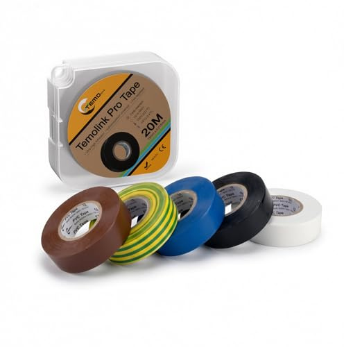 TEMOLink Cinta aislante de PVC, 19 mm x 20 m, 5 colores, 5 rollos, autoadhesiva, impermeable, flexible, reparación y sellado, juego de tuberías de agua para electricistas