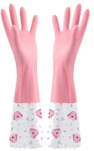 HUANYO Cleaning Gloves Long Waterproof Rubber Household Gloves with Lining for Kitchen, Bathroom, Dishwashing, Laundry, Gardening, Multi-Purpose Use (Pink opening)