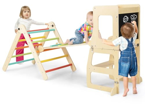RELAX4LIFE 7 in 1 Set da Arrampicata con Scivolo per Bambini, Torre Montessoriana Pieghevole con Lavagna in Legno, Convertibile in Tavolo+Sedia per Bimbi 3+ Anni