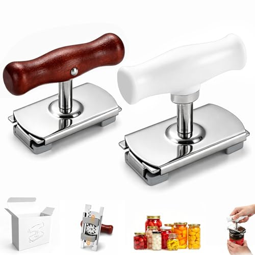 Set de 2 Abrelatas Manual y Abridor de Botes Ajustable, Almohadilla Antideslizante, Acero Inoxidable con Mango Ergonómico de Madera, Abre Tarros y Conservas Ideal para Personas Mayores y Artritis