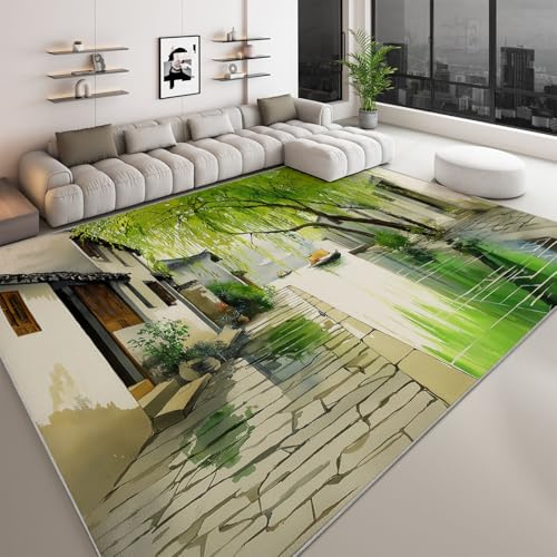 Tappeto moderno da 140 x 200 cm, facile da pulire, design con architettura di campagna, barca a vela, piante, salice, tappeto a pelo corto, per soggiorno, camera da letto, sala da pranzo, corridoio