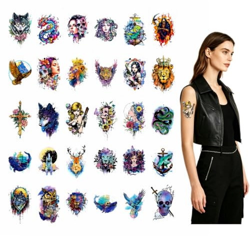 Lot de 30 Tatouages Temporaires 9.7 x 5.7 cm - Crânes Fleurs Animaux - Adulte Enfant - Résistant à l'Eau - Facile à Poser et Retirer - Durdiiy Grand choix de motifs variés