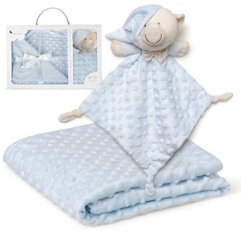 Interbaby Couverture Bébé Naissance + Doudou Ours — Coffret Cadeau (Bleu) | 80x110 cm texture bulles, coton et polyester velours + peluche 28x17 cm. Plaid pour lit et poussette, fille et garçon